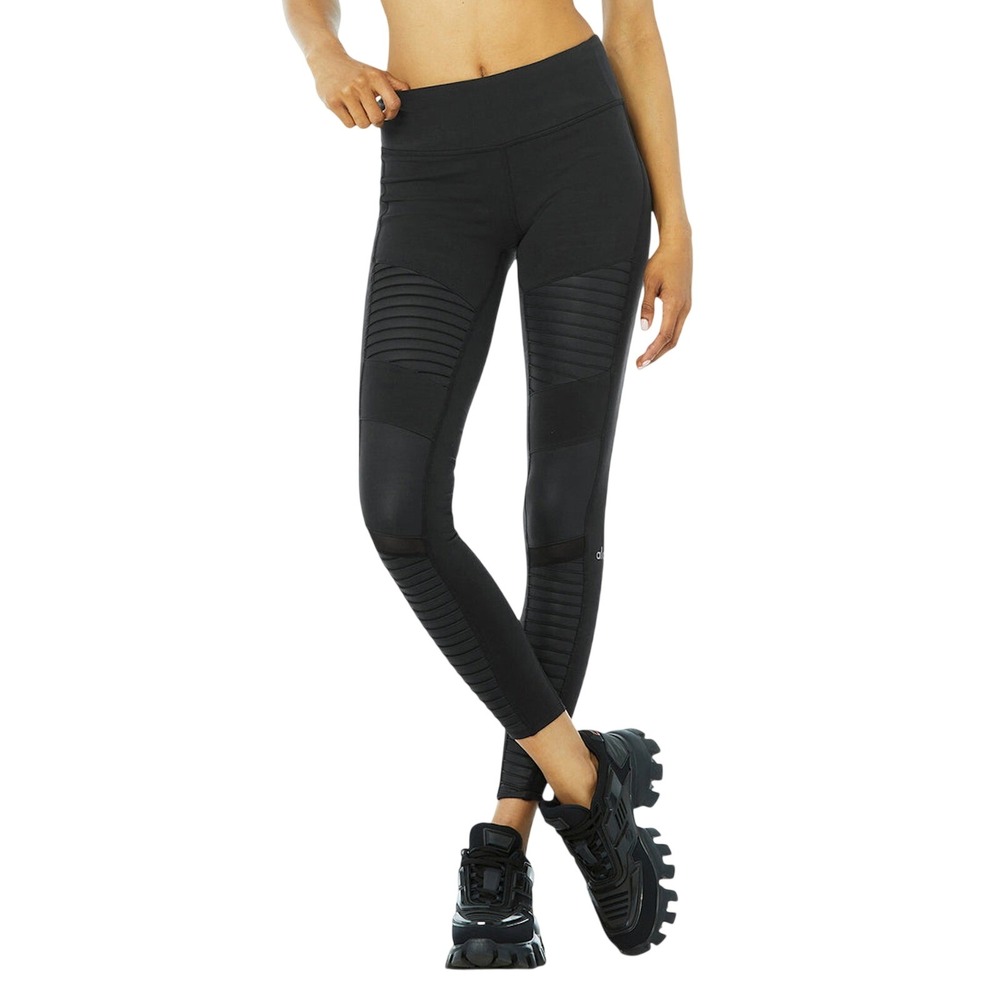 Alo Yoga Black High Waist Moto Leggings‎ Mixed Media Mesh Ribbed Athletic SMALL